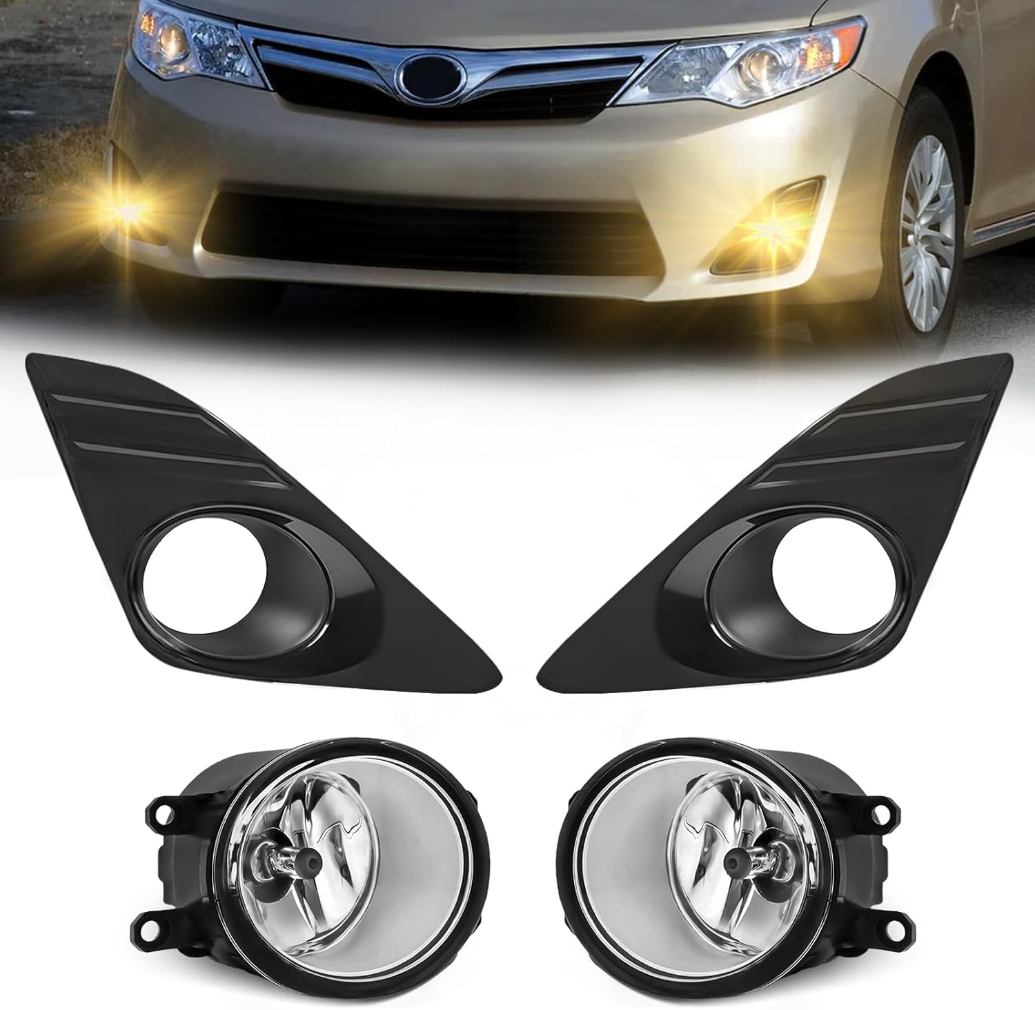 2012–2014 Toyota Camry Halogen Fog Lights Replacement | Black Bezels | Plug & Play | With Switch & Wiring Harness | 1 Pair