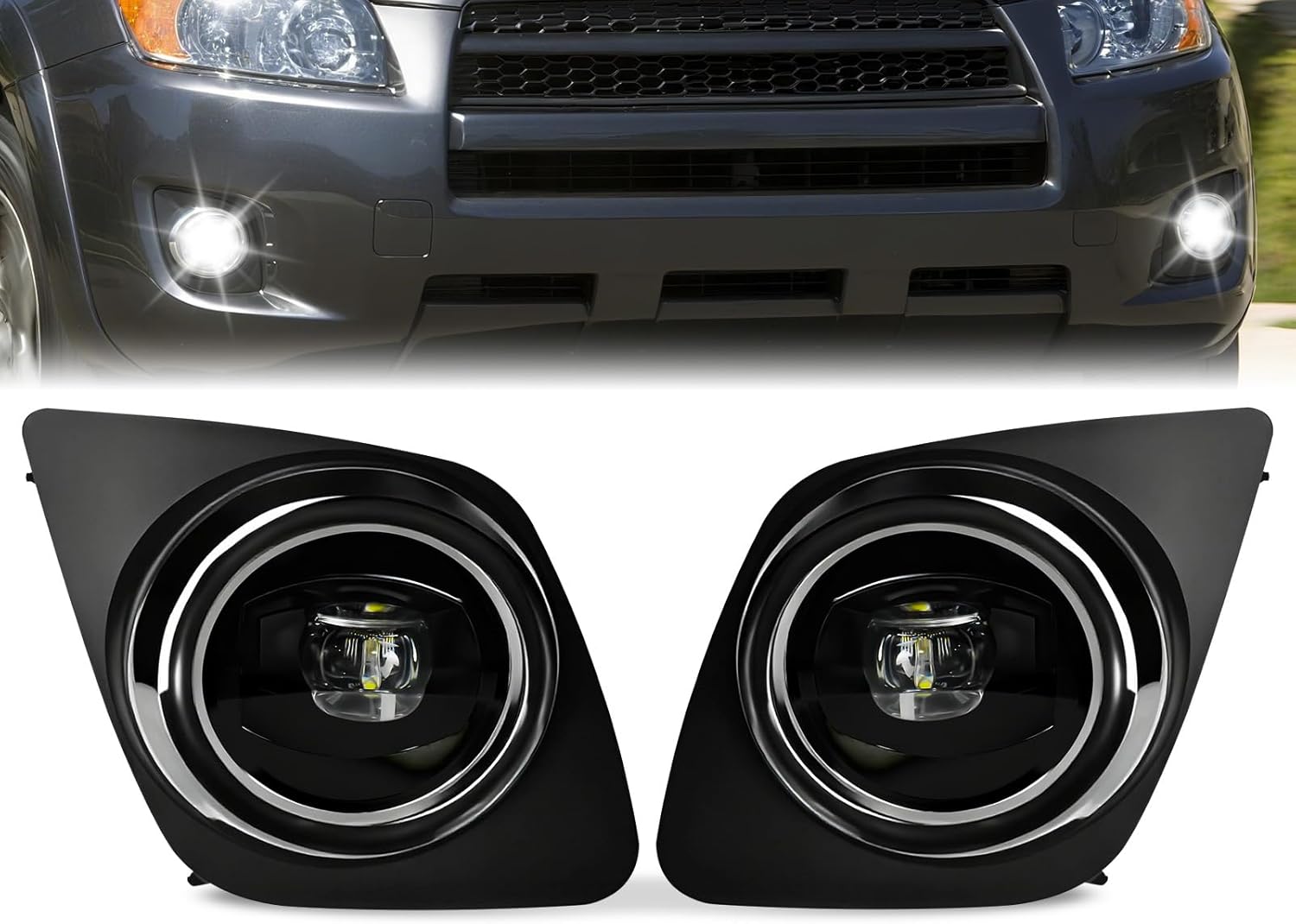 2009–2012 Toyota RAV4 LED Fog Lights DRL Front Bumper Fog Lamp Kit Clear Lens