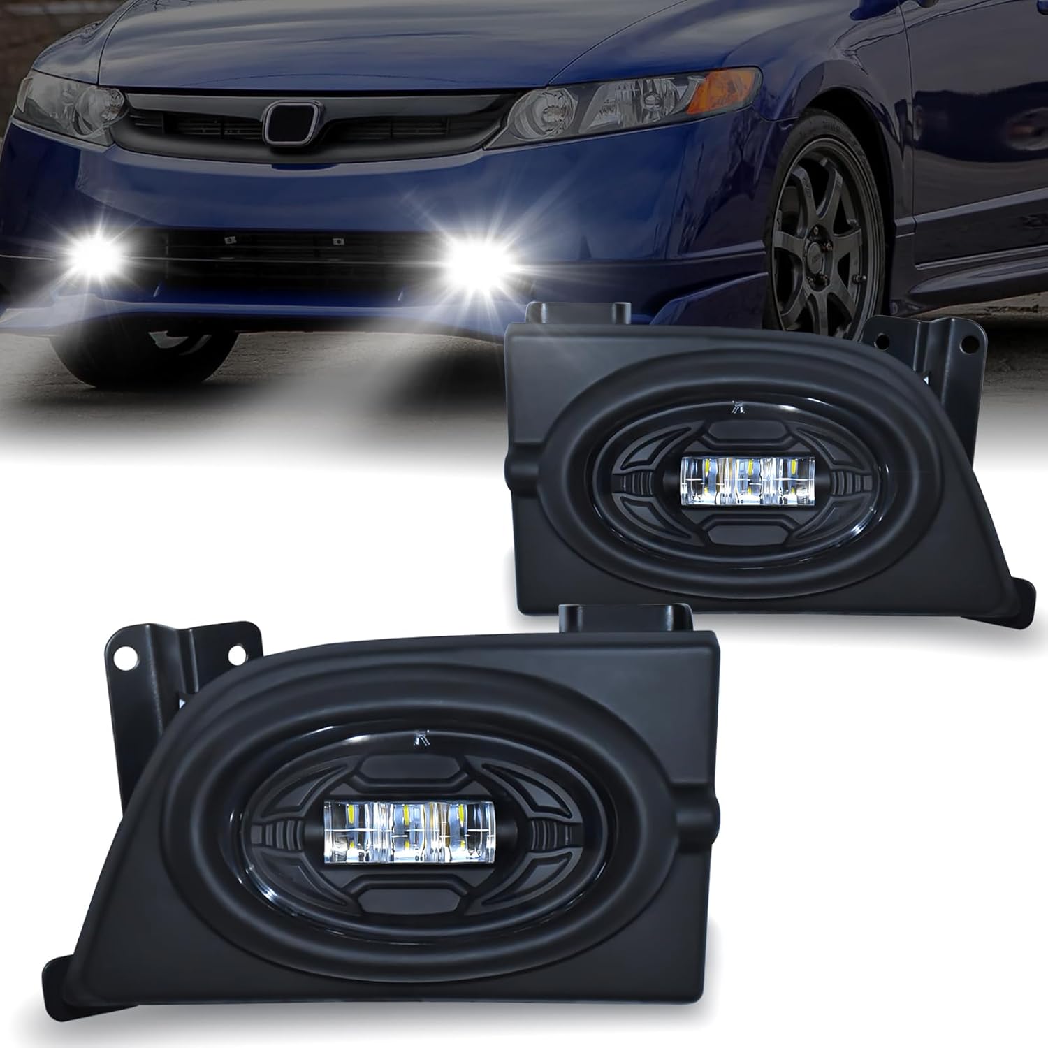 2006-2008 Honda Civic 4-Door Sedan LED Fog Lights | Front Bumper | with Wiring Harness | Clear Lens