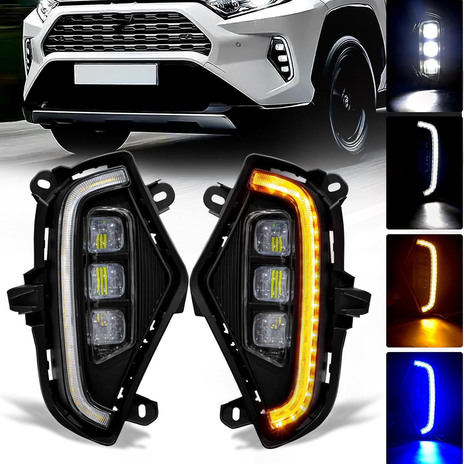 2019–2025 Toyota RAV4 LED Fog Lights | 3-Color DRL (White/Amber/Blue) | Fog Lamp Assembly Kit