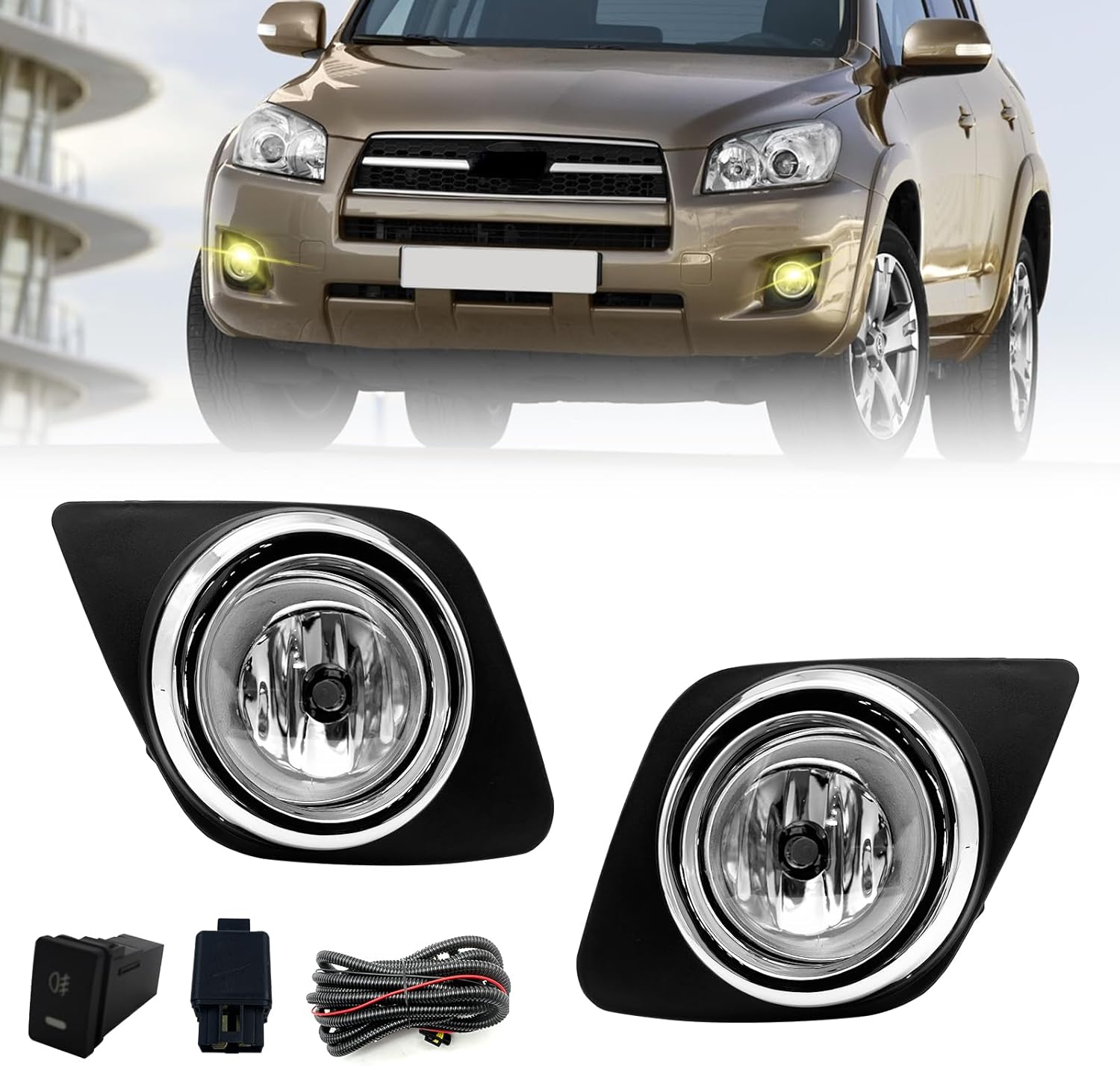 2009–2012 Toyota RAV4 Halogen Fog Lights | Clear Lens | H11 12V 55W | With Bezels, Wiring Harness & Switch | DOT & SAE Approved | 1 Pair