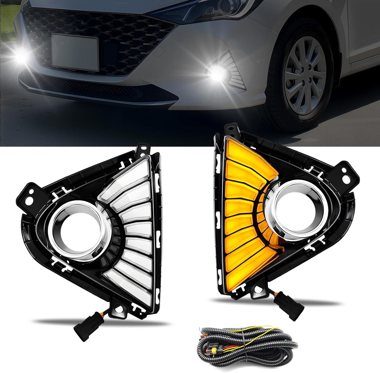 2020–2023 Hyundai Accent LED Daytime Running Lights with Turn Signals | Switch & Wiring Harness Included | 1 Pair