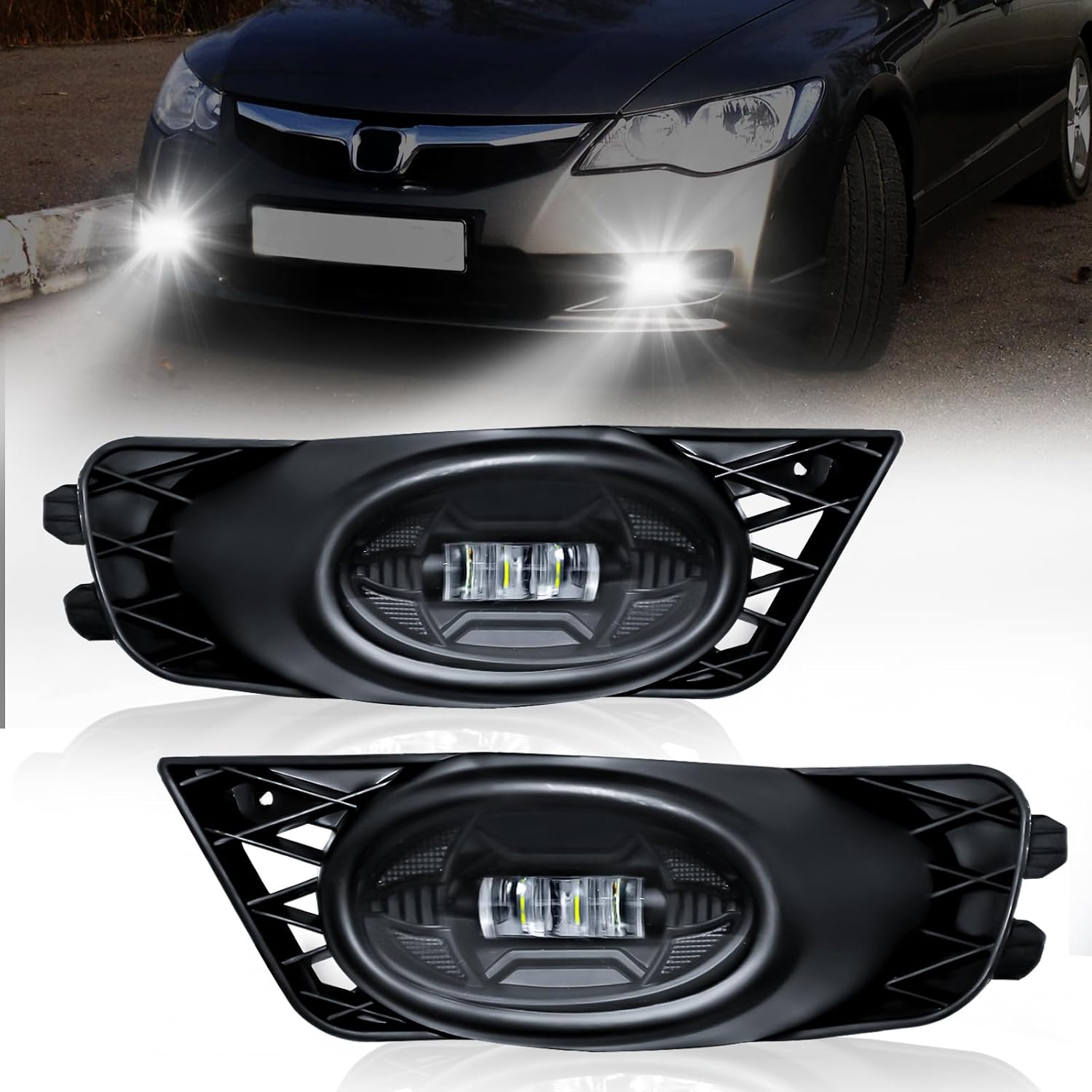 2009–2011 Honda Civic 4-Door Sedan LED Fog Lights Replacement | Clear Lens | Plug & Play | With Wiring Harness | 1 Pair