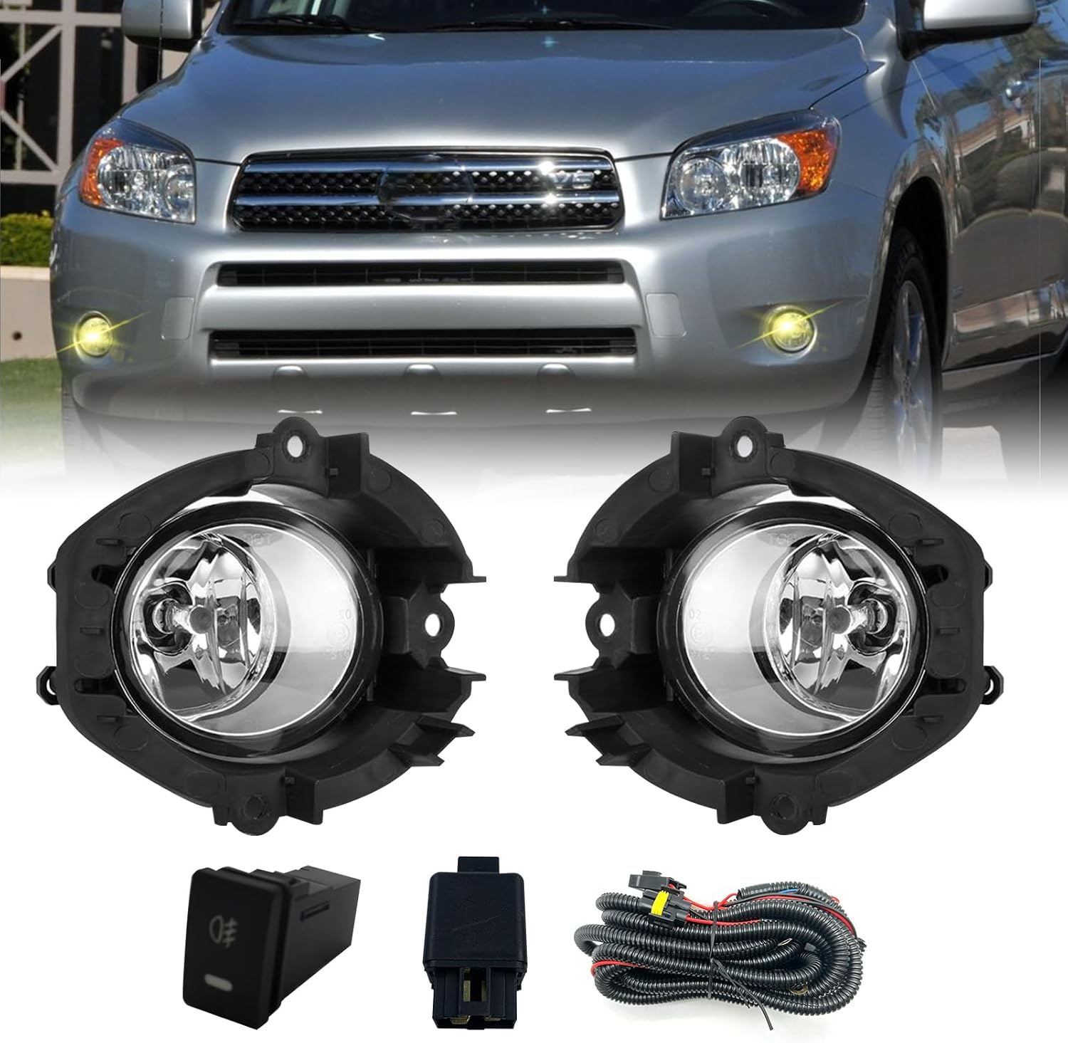 2006–2008 Toyota RAV4 Halogen Fog Lights | Clear Lens | H11 12V 55W | With Bezels, Wiring Harness & Switch | 1 Pair