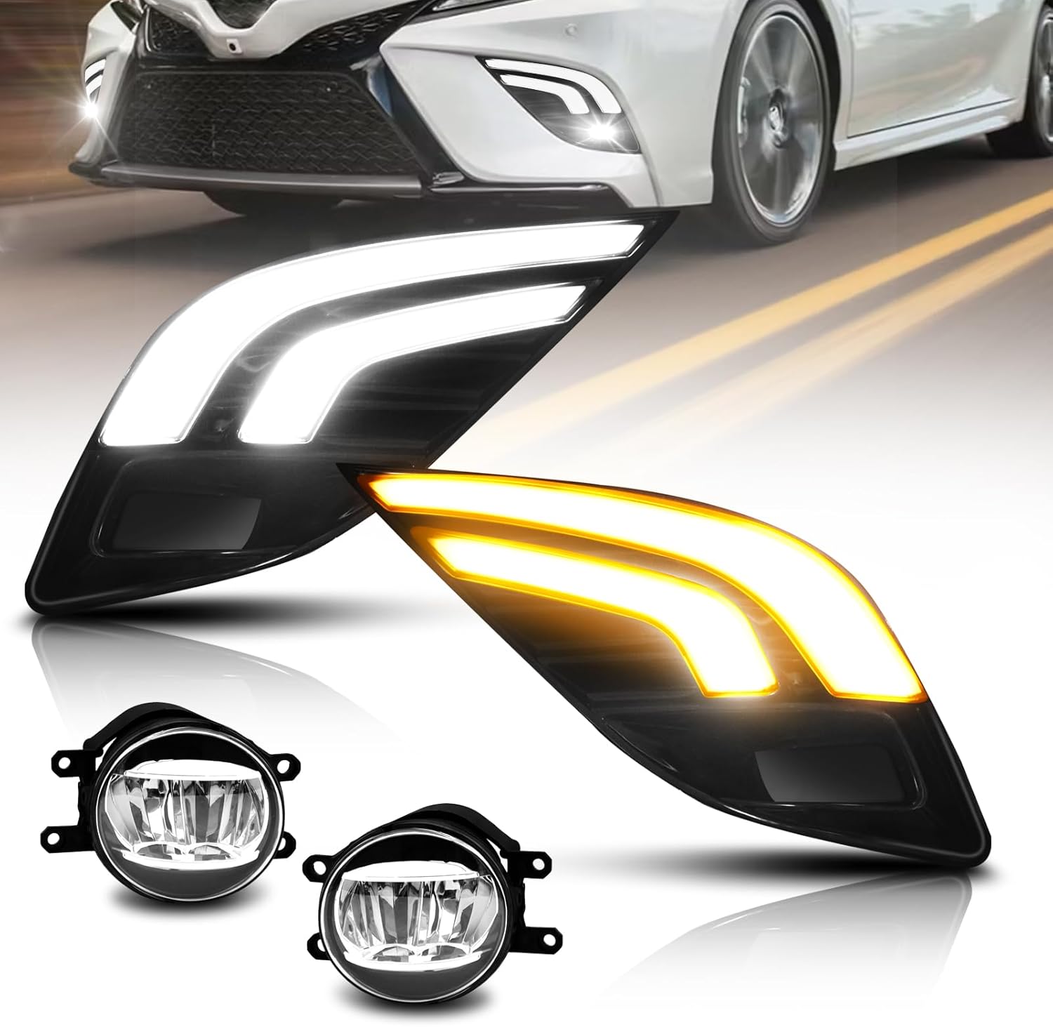 2018–2020 Toyota Camry SE/XSE LED Fog Lights | White DRL & Amber Turn Signal | 3-in-1 | With Wiring Harness | 1 Pair