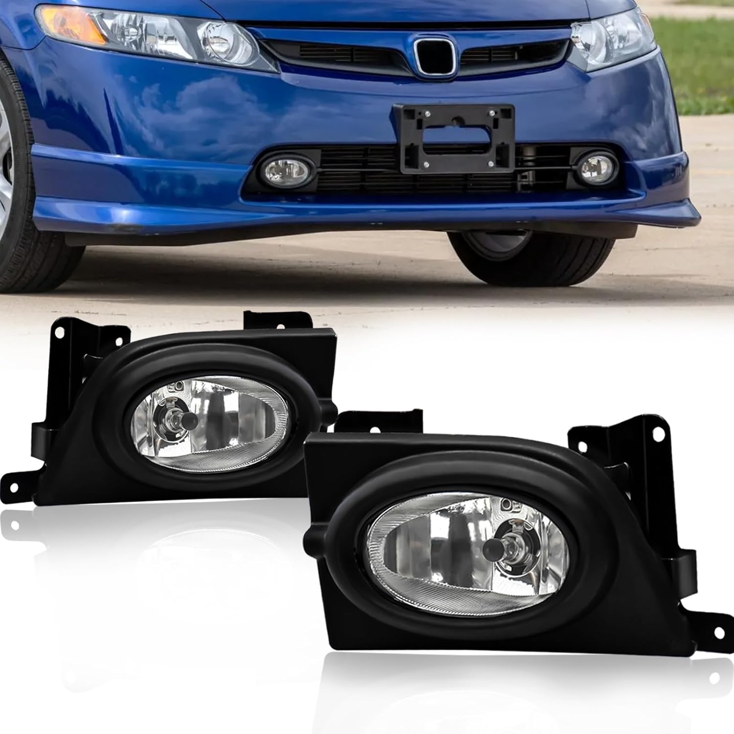 2006-2008 Honda Civic 4-Door Sedan Halogen Fog Lights | Front Bumper | with Wiring Harness | Clear Lens