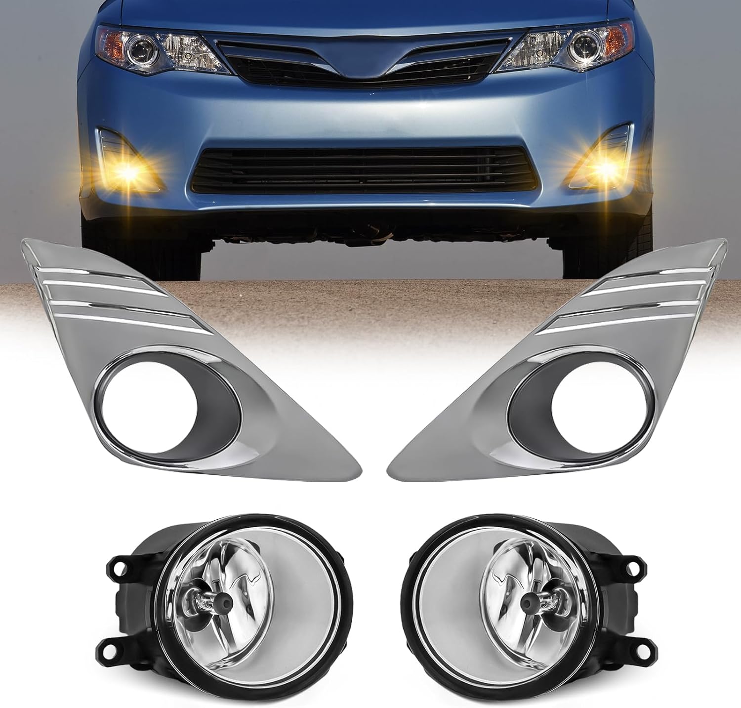 2012–2014 Toyota Camry Halogen Fog Lights Replacement | Chrome Bezels | Plug & Play | With Switch & Wiring Harness | 1 Pair