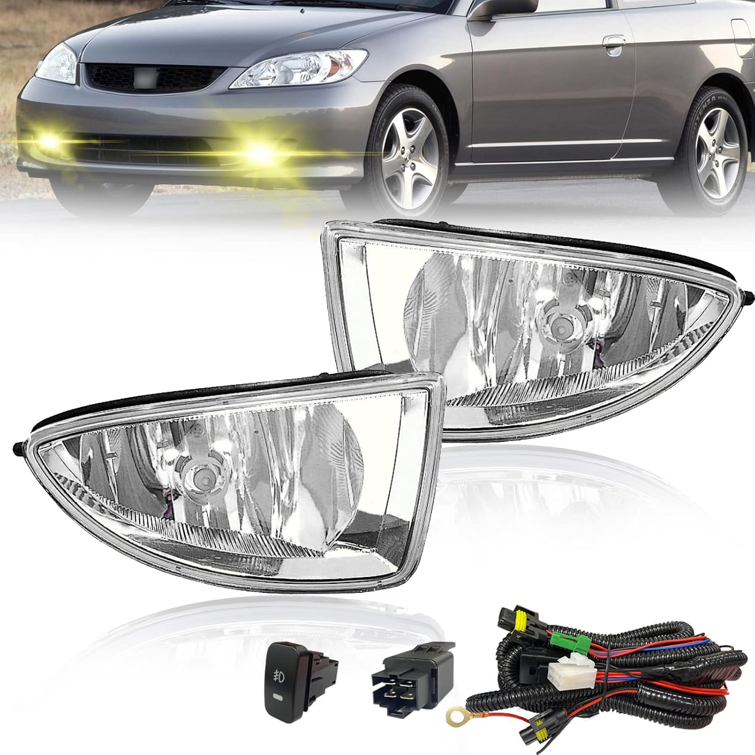 2004–2005 Honda Civic 2DR/4DR Fog Lights Assembly Replacement | Halogen Bulb | Switch & Wiring Harness | Clear Lens | 1 Pair