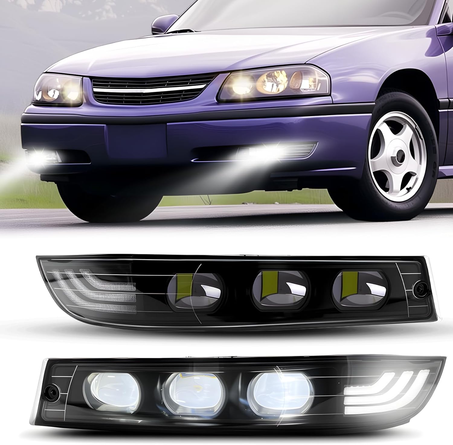 2000–2005 Chevy Impala LED Fog Lights Assembly Replacement | DRL & Amber Turn Signal | Front Bumper Lamps | Plug & Play | 1 Pair