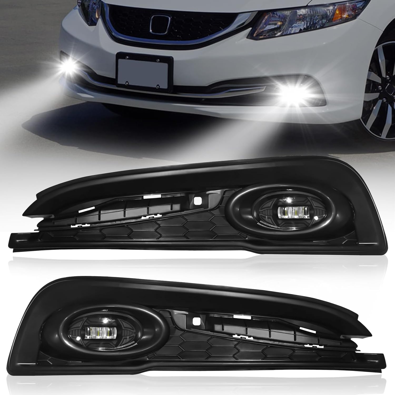2013–2015 Honda Civic 4-Door Sedan LED Fog Lights Replacement | Clear Lens | Plug & Play | With Wiring Harness | 1 Pair