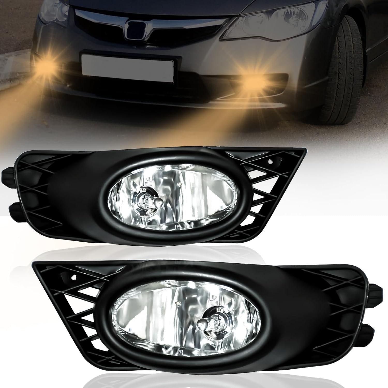 2009–2011 Honda Civic 4-Door Sedan Halogen Fog Lights Replacement | Clear Lens | Plug & Play | With Wiring Harness | 1 Pair