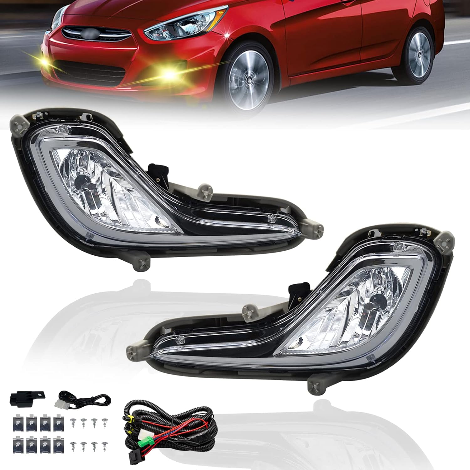 2012–2017 Hyundai Accent Halogen Fog Lights | Clear Lens | 881 12V 27W | With Bezels, Wiring Harness & Switch | DOT & SAE Approved | 1 Pair