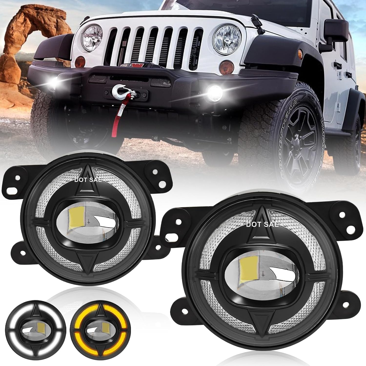 2007–2018 Jeep Wrangler JK/TJ/LJ/CJ 4-Inch LED Fog Lights | DRL & Turn Signal | 6500K | DOT & SAE Approved | 1 Pair